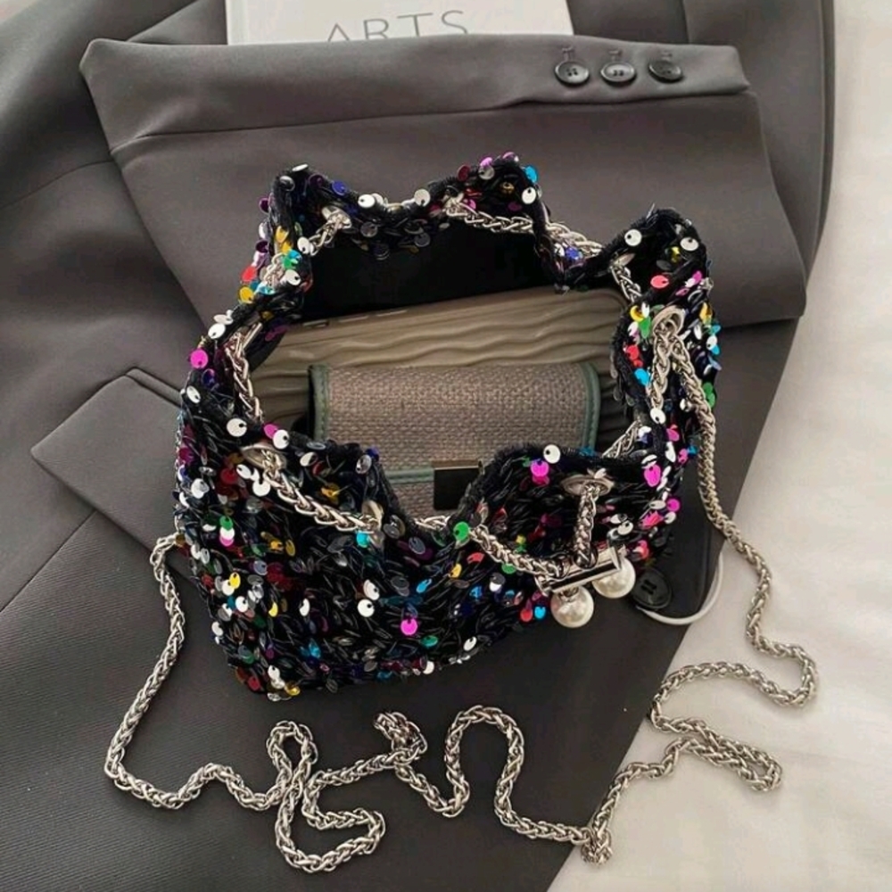 Sequin Drawstring Multicolor Bucket Bag With Chai… - image 8